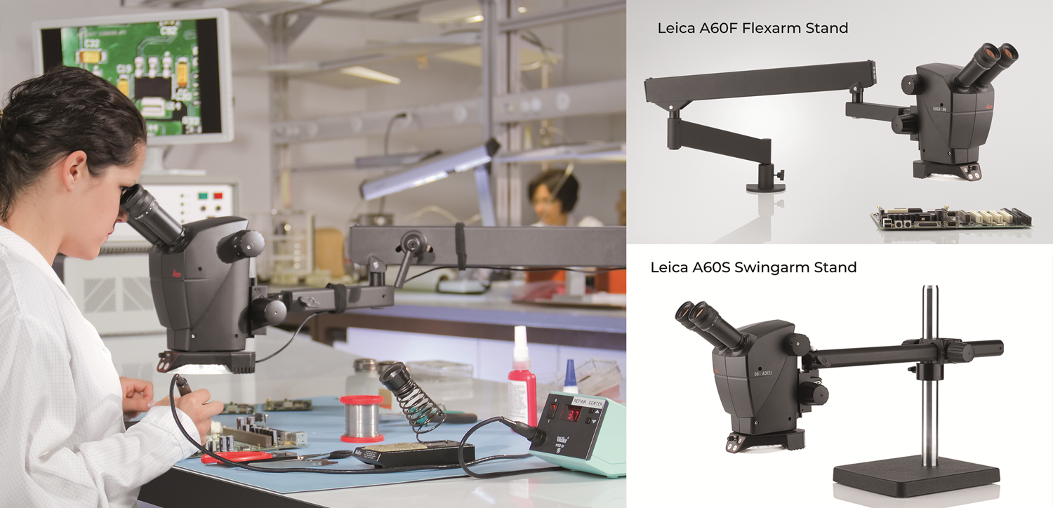 Leica A60 stereo zoom microscope for PCB inspection and assembly