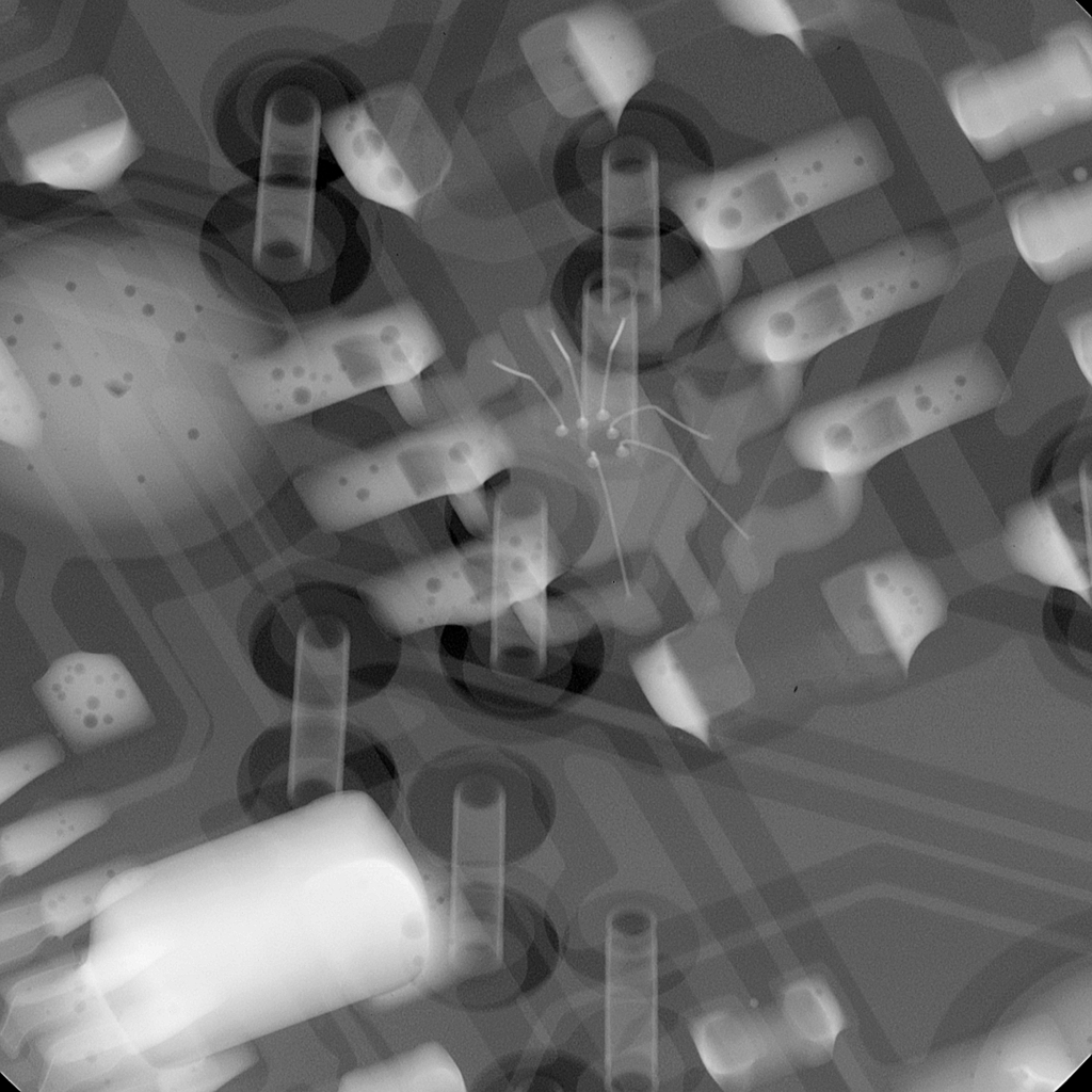 X-ray inspection image of BGA sample board showing voids in solder joints, captured by Xavis system.
