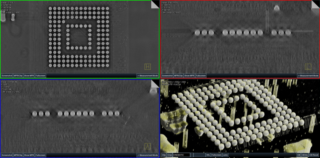 High-resolution Oblique CT X-ray scan of electronic solder connections and internal package structures.