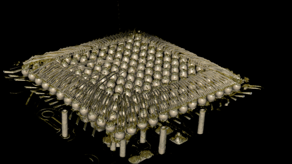 Oblique CT X-ray rendering of BGA solder joints and electronic package inspection for failure analysis and quality control.