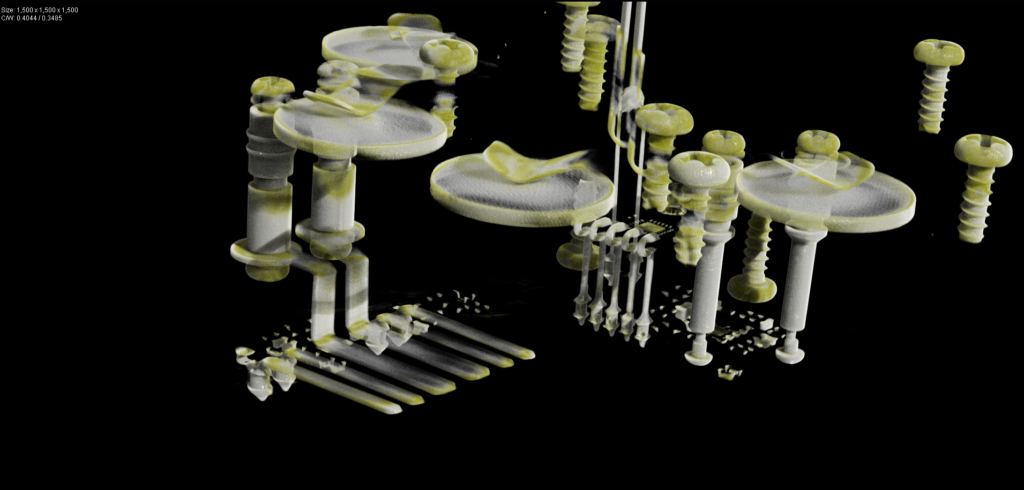 Cone Beam CT X-ray rendering showing complete 3D inspection of electronic components and solder connections.