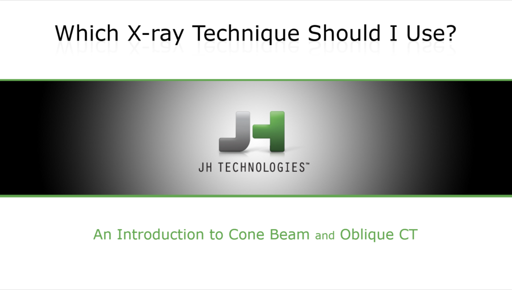 Webinar cover graphic featuring X-ray imaging techniques including Cone Beam CT and Oblique CT technologies.